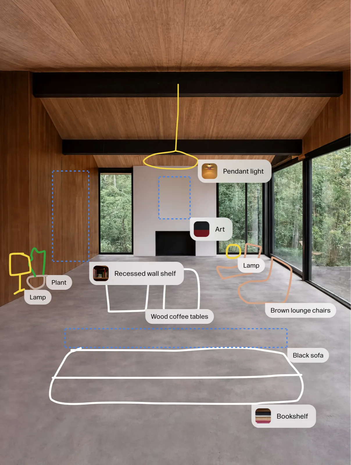 Empty living room with sketched furniture outlines and labels — sofa, lounge chairs, coffee tables, lamps
