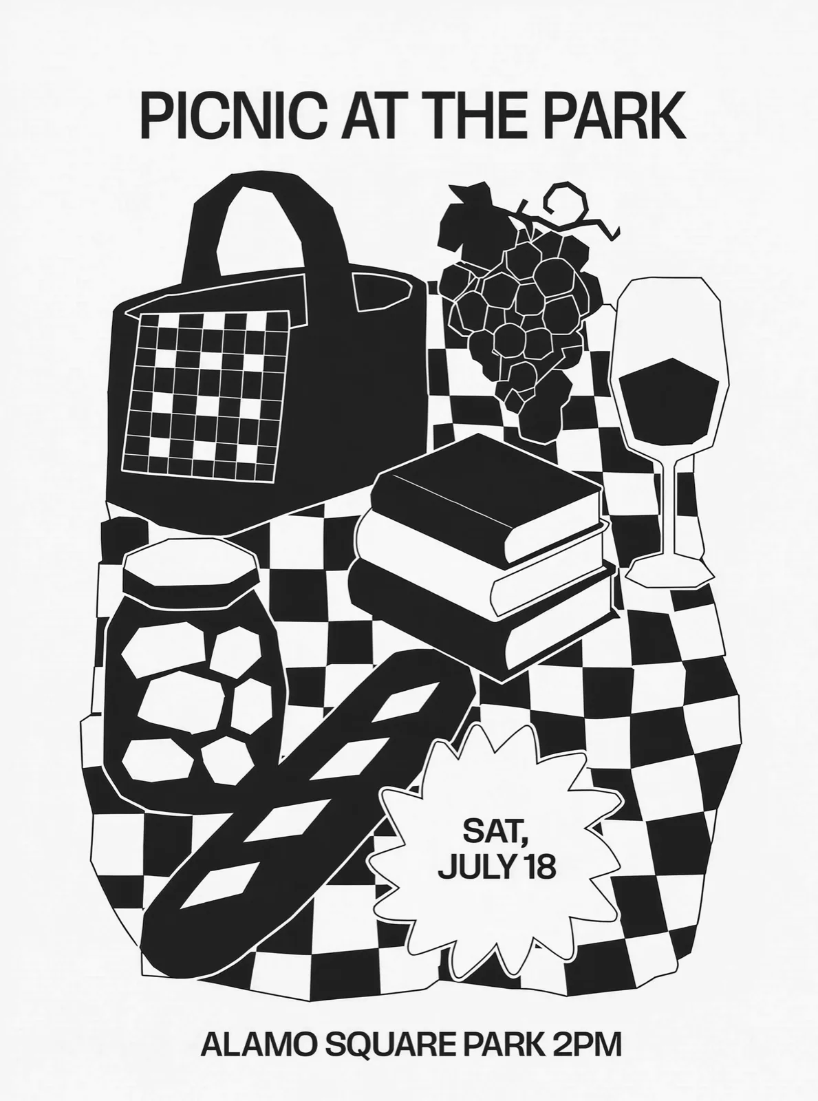 "Picnic at the park" poster as flat black-and-white line art