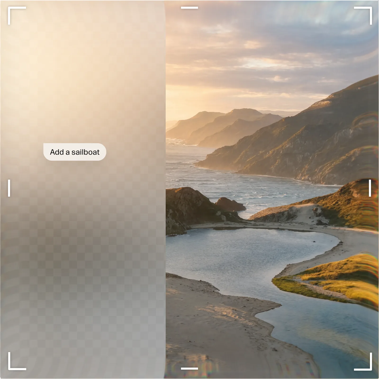 Coastal cove photo on an extended blank canvas with an "Add a sailboat" note